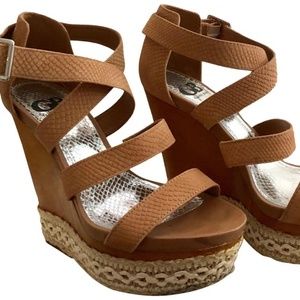 GIANNI BINI Brown Lace Trim Platform Wedge Sandals